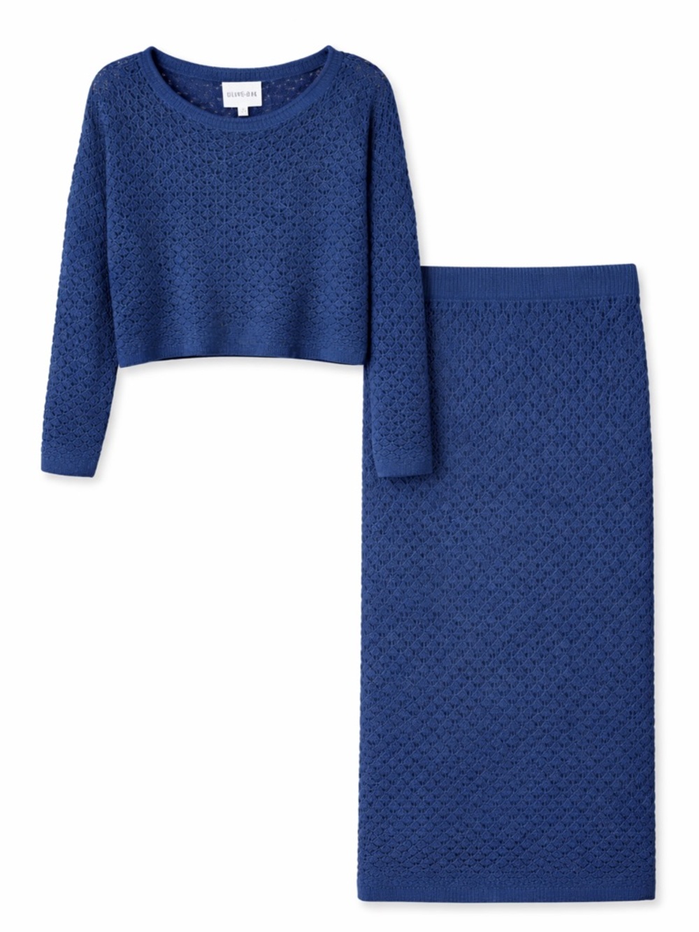 Olive + Oak Blue Crochet Knit Set – XS – Matching Sweater & Straight Skirt